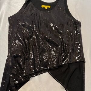 Aaron Ashe Black Sequin Asymmetrical Evening Party Top